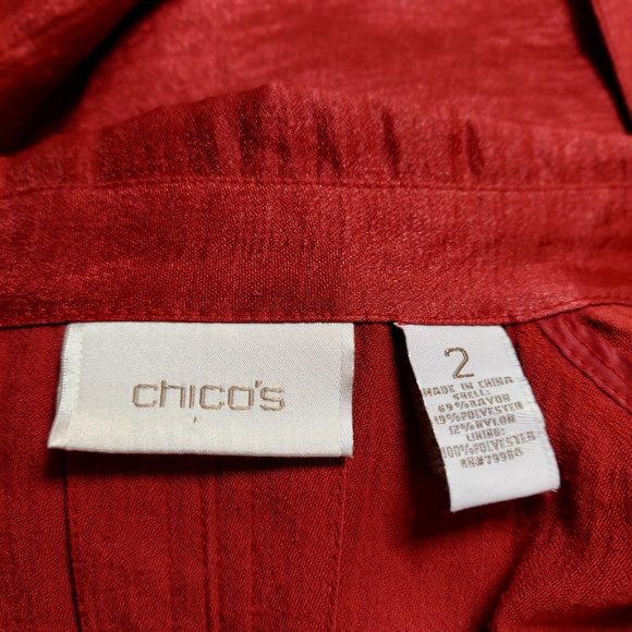 CHICO'S Open Front Jacket 2 L 12 14 Sleek Shiny True Red Pockets cuffed long - Picture 12 of 13
